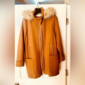 Trina Turk Tan Fur-Trimmed tench coat, great conditions